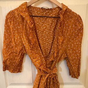 LOFT Golden Orange Ruffled Wrap Top Floral XL Fall Blouse